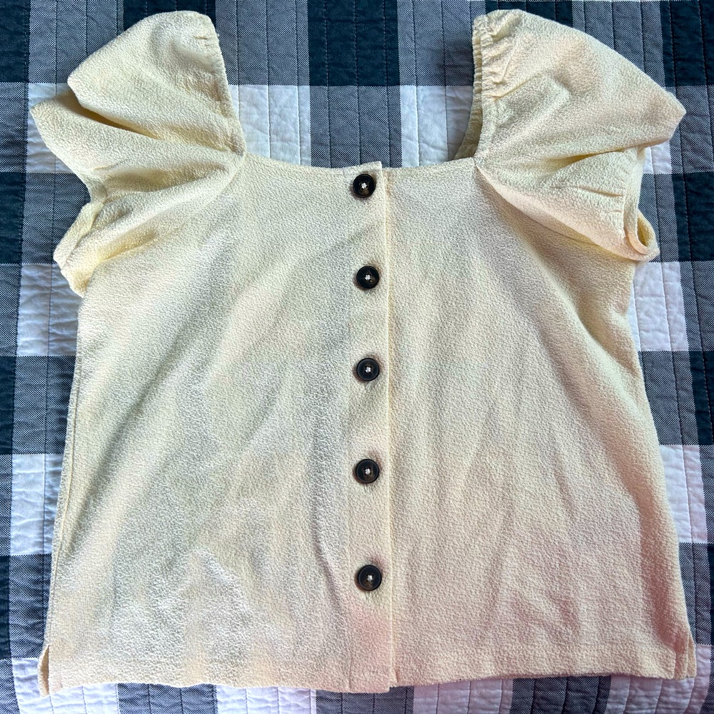 Madewell Jacquard square-neck Women's beige puff sleeve button down top Sz S